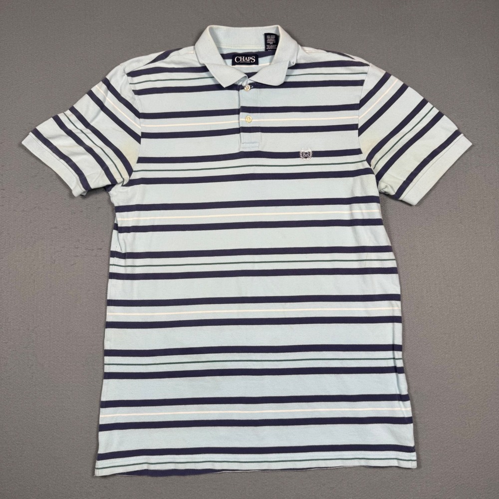 Chaps Polo Shirt Mens Large Light Blue Cotton Striped Short Sleeve Crest Logo